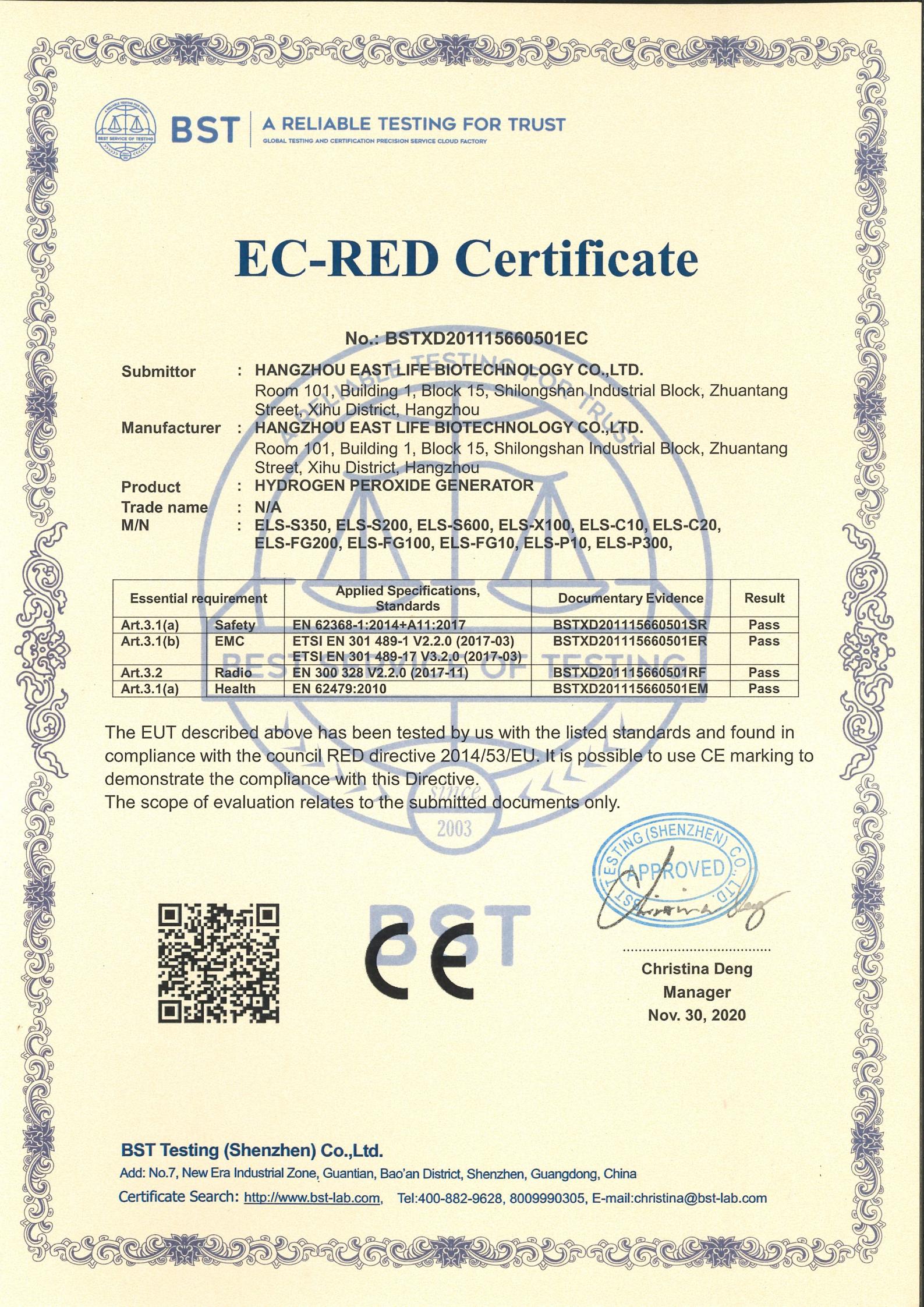 H2O2 Generator CE-RED Certificate